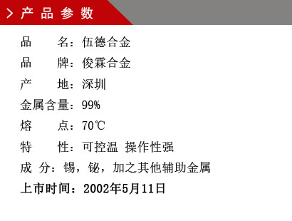 品 名：伍德合金 品 牌：俊霖合金 產(chǎn) 地：深圳 金屬含量：99% 熔 點：70℃ 特 性：可控溫 操作性強 成 分：錫，鉍，加之其他輔助金屬 上市時間：2002年5月11日