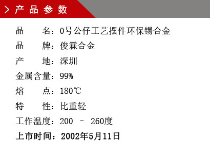 品 名：0號公仔工藝擺件環(huán)保錫合金 品 牌：俊霖合金 產 地：深圳 金屬含量：99% 熔 點：180℃特 性：比重輕 不起泡 工作溫度：200 – 260度 上市時間：2002年5月11日