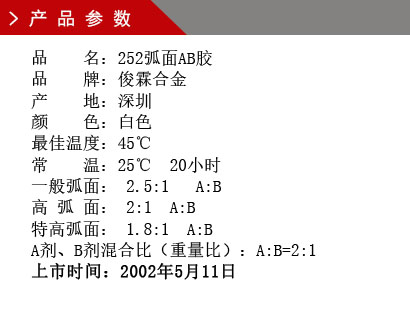 品 名：252弧面AB膠 品 牌：俊霖合金 產(chǎn) 地：深圳 顏 色：白色 最佳溫度：45℃ 常 溫：25℃ 20小時(shí) 一般弧面： 2.5:1 A:B 高 弧 面： 2:1 A:B 特高弧面： 1.8:1 A:B A劑、B劑混合比（重量比）：A:B=2:1上市時(shí)間：2002年5月11日